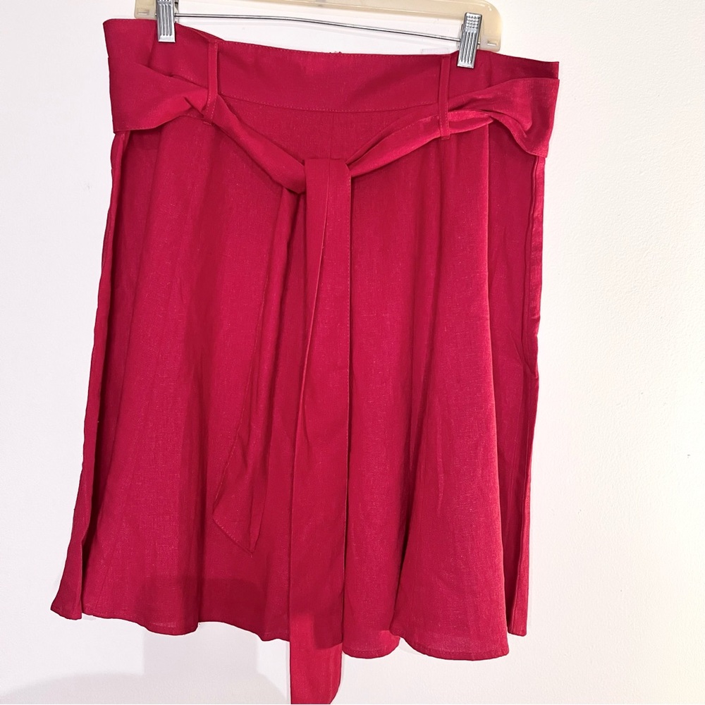 Linen Blend Tropical Wear Red Belted Skirt